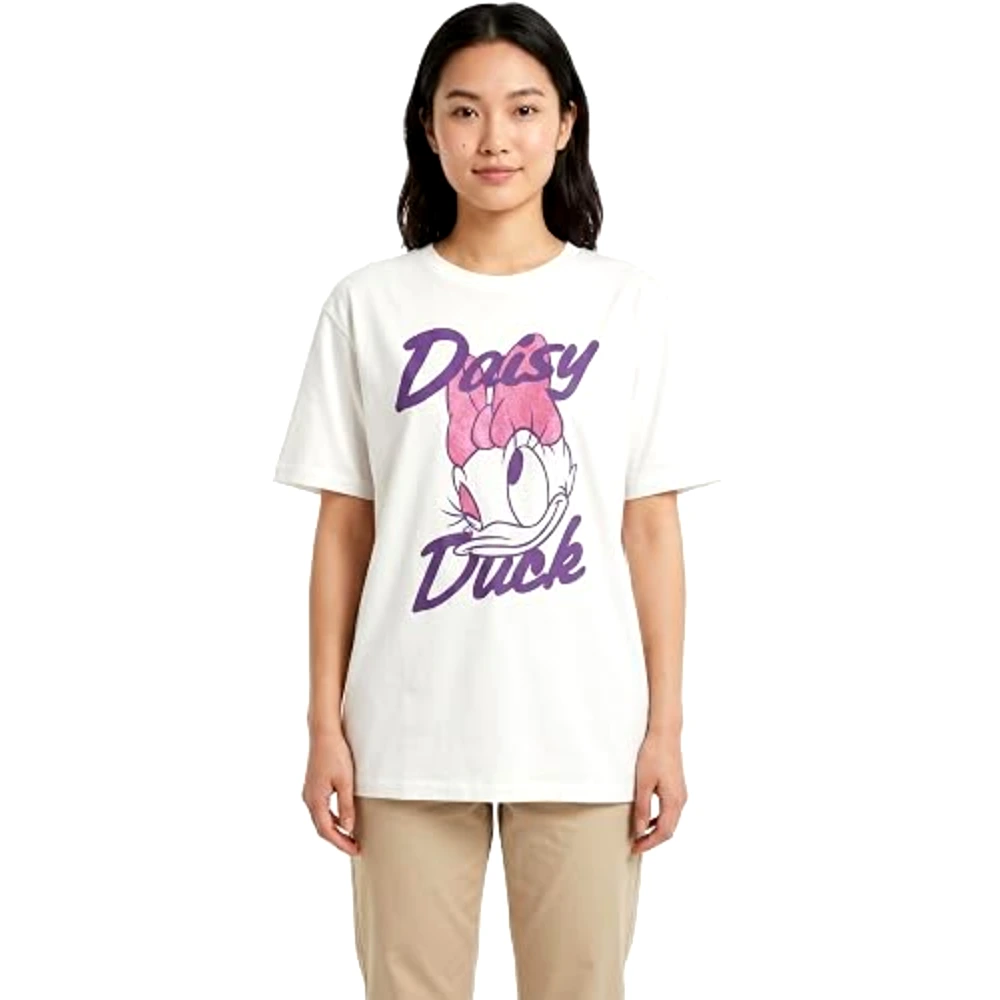 Disney Daisy Duck Women Oversized Drop Shoulder T-Shirt, 100 Percent Cotton, Crew Neck Short Sleeve, Casual Wear, Size L, White - TU26264 - L
