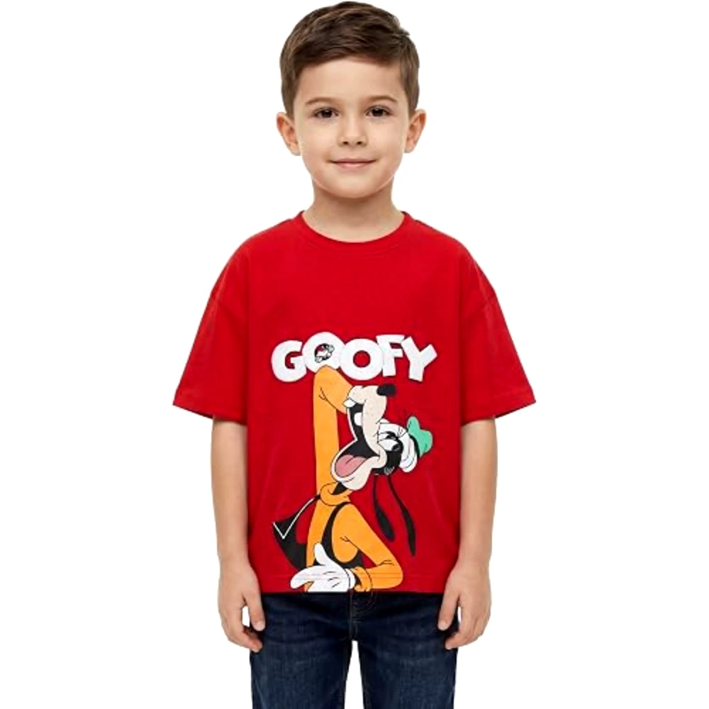 Disney Goofy Boys T-Shirt, 100 Percent Cotton, Crew Neck, Oversized Fit, Casual Wear, 3-4 Years, Red - TU26217-3-4