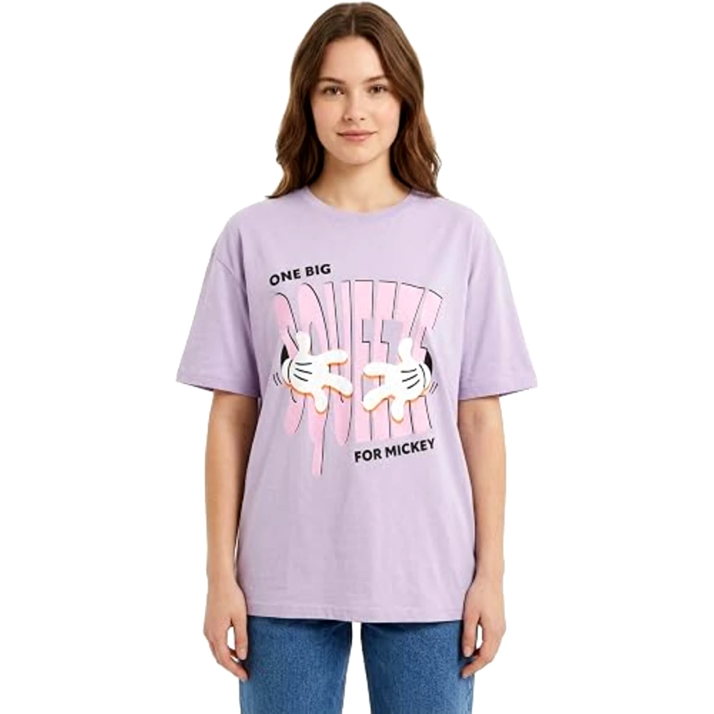 Disney Mickey Power Women Oversized Drop Shoulder T-Shirt, 100 Percent Cotton, Crew Neck Short Sleeve, Casual Wear, Size M, Purple - TU26274 - M
