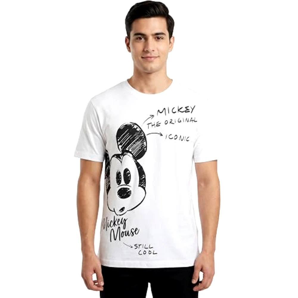 Disney Mickey The Original Icon Men T-Shirt, 100 Percent Cotton, Crew Neck Short Sleeve, Regular Fit, Casual Wear, Size S, White - TU25657 - S