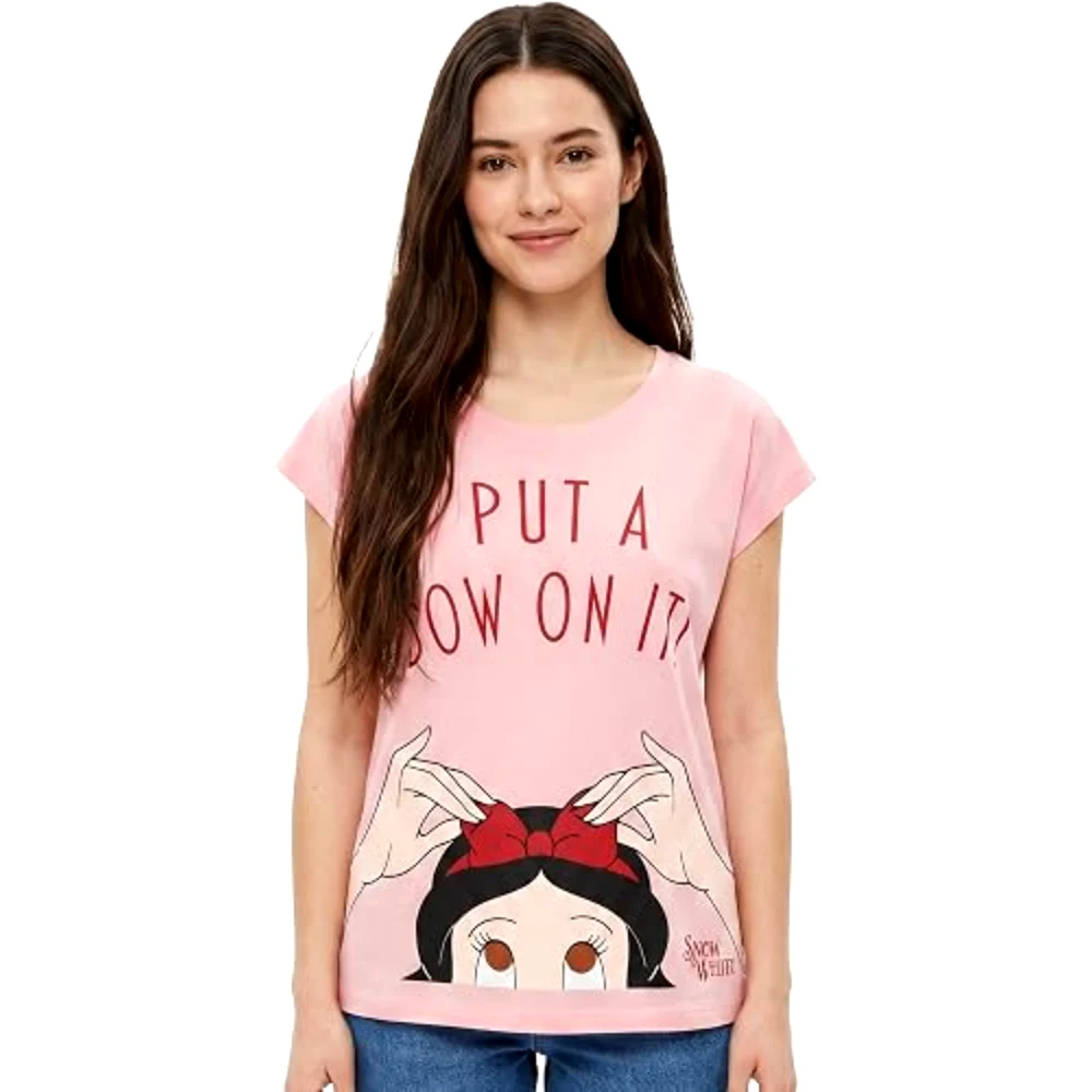 Disney Snow White Cap Sleeve Women T-Shirt, 100 Percent Cotton, Crew Neck Cap Sleeve, Regular Fit, Casual Wear, Size S, Pink - TU25754 - S