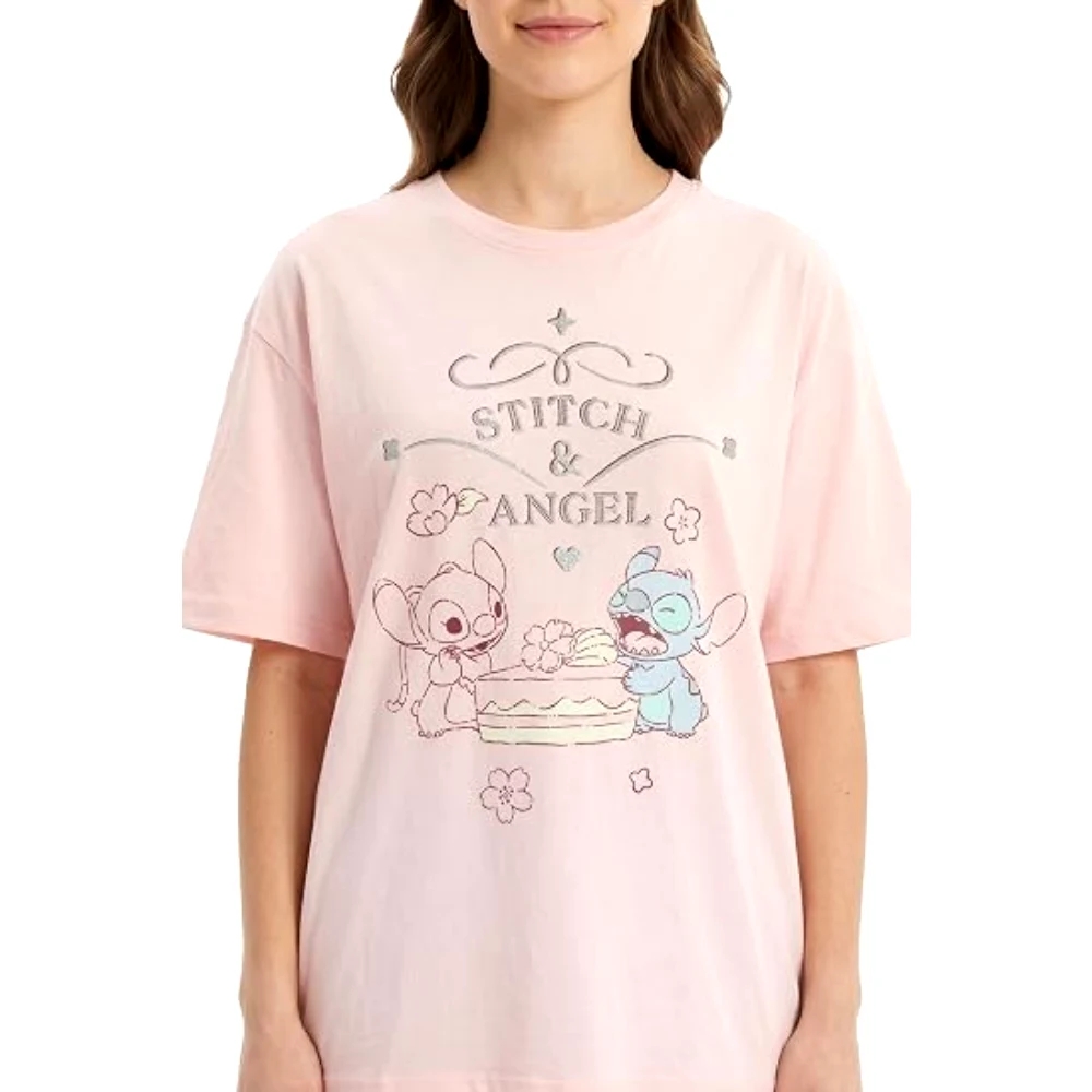 Disney Stitch and Angel Pastel Women Oversized Drop Shoulder T-Shirt, 100 Percent Cotton, Crew Neck Short Sleeve, Casual Wear, Size L, Pink - TU26267 - L - Image 3
