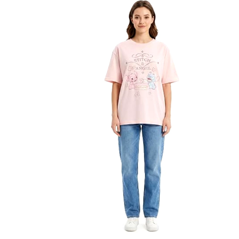 Disney Stitch and Angel Pastel Women Oversized Drop Shoulder T-Shirt, 100 Percent Cotton, Crew Neck Short Sleeve, Casual Wear, Size M, Pink - TU26267 - M - Image 4