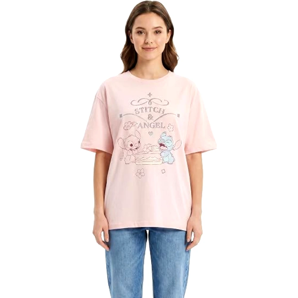 Disney Stitch and Angel Pastel Women Oversized Drop Shoulder T-Shirt, 100 Percent Cotton, Crew Neck Short Sleeve, Casual Wear, Size XL, Pink - TU26267 - XL