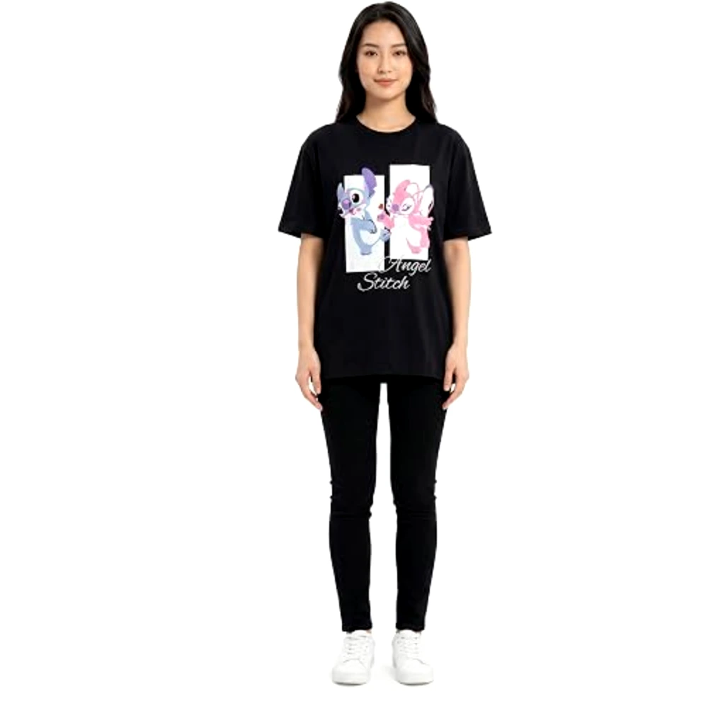Disney Stitch and Angel Women Oversized Drop Shoulder T-Shirt, 100 Percent Cotton, Crew Neck Short Sleeve, Casual Wear, Size L, Black - TU26270 - L - Image 4
