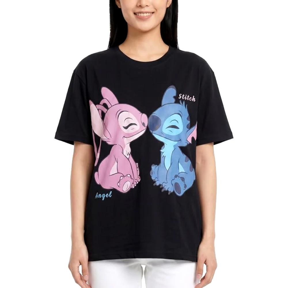 Disney Stitch and Angel Women Oversized Drop Shoulder T-Shirt, 100 Percent Cotton, Crew Neck Short Sleeve, Casual Wear, Size M, Black - TU26262 - M - Image 3