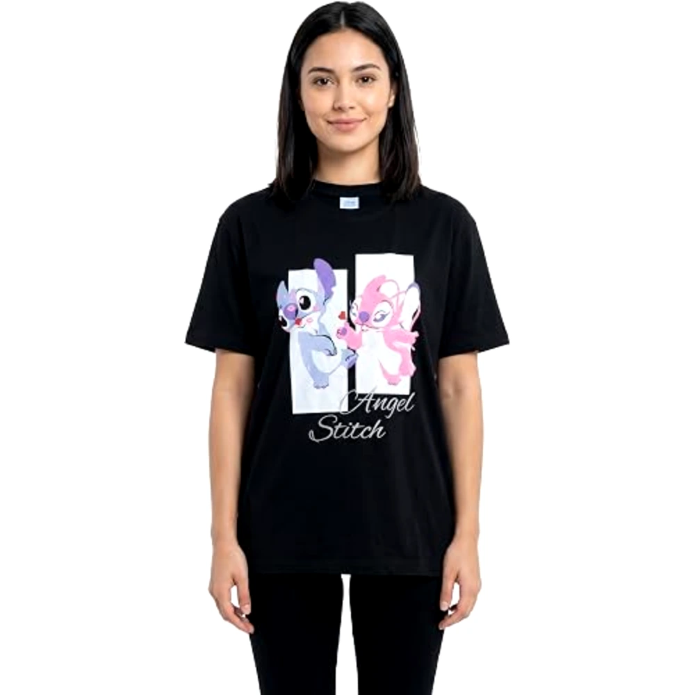 Disney Stitch and Angel Women Oversized Drop Shoulder T-Shirt, 100 Percent Cotton, Crew Neck Short Sleeve, Casual Wear, Size M, Black - TU26270 - M