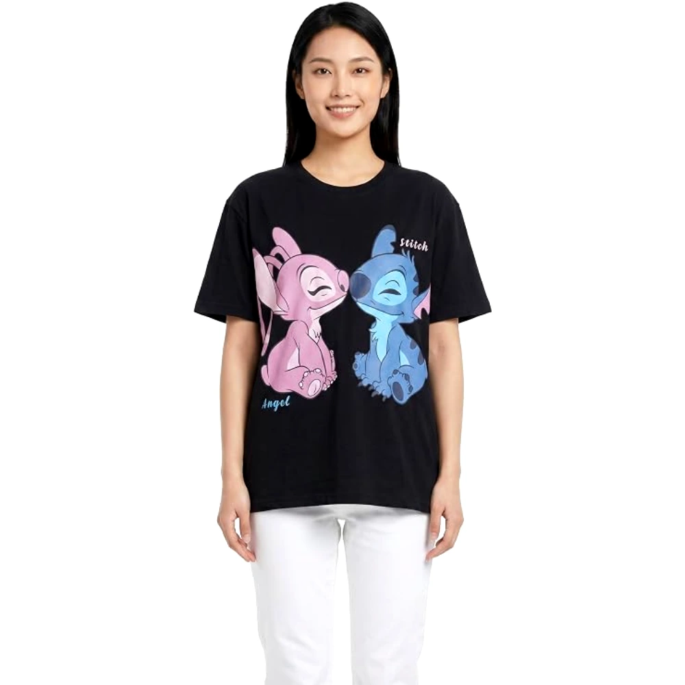Disney Stitch and Angel Women Oversized Drop Shoulder T-Shirt, 100 Percent Cotton, Crew Neck Short Sleeve, Casual Wear, Size S, Black - TU26262 - S