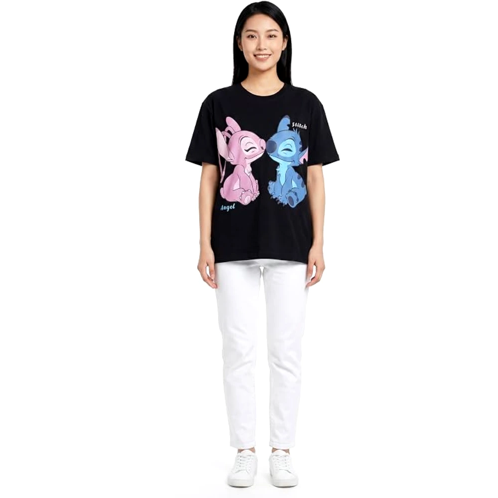 Disney Stitch and Angel Women Oversized Drop Shoulder T-Shirt, 100 Percent Cotton, Crew Neck Short Sleeve, Casual Wear, Size XL, Black - TU26262 - XL - Image 4