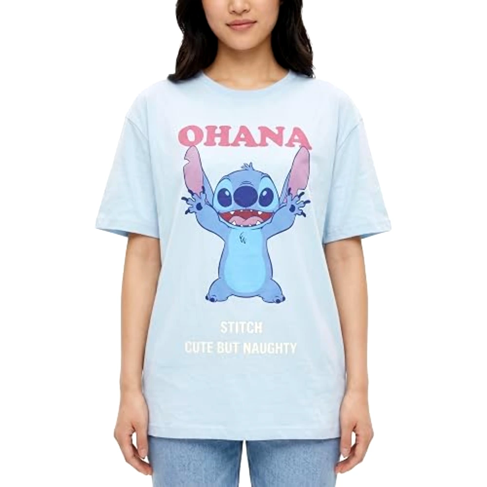 Disney Stitch Ohana Women Oversized Drop Shoulder T-Shirt, 100 Percent Cotton, Crew Neck Short Sleeve, Casual Wear, Size S, Blue - TU26272 - S