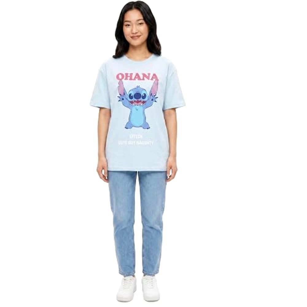 Disney Stitch Ohana Women Oversized Drop Shoulder T-Shirt, 100 Percent Cotton, Crew Neck Short Sleeve, Casual Wear, Size S, Blue - TU26272 - S - Image 2