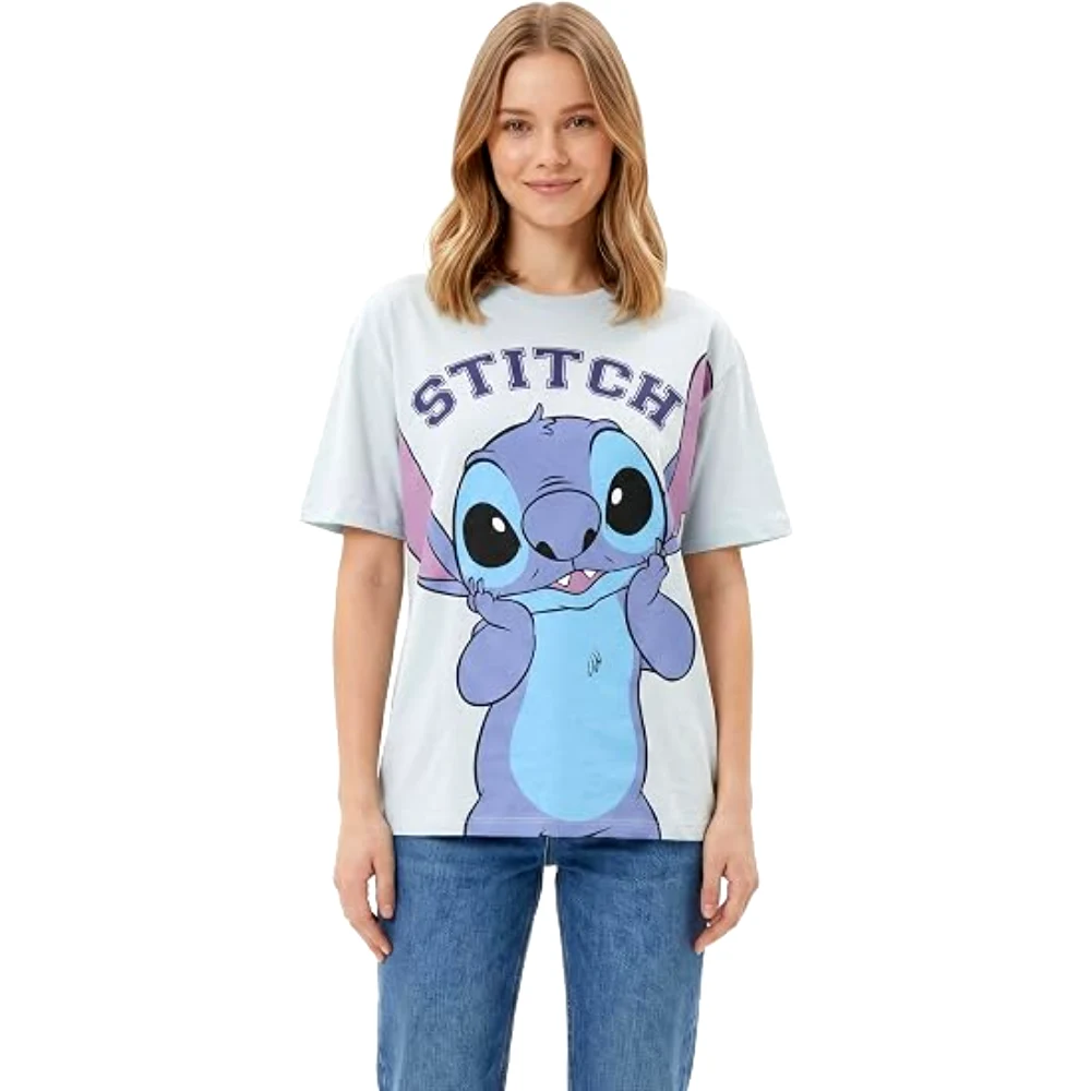 Disney Stitch Women Oversized Drop Shoulder T-Shirt, 100 Percent Cotton, Crew Neck Short Sleeve, Casual Wear, Size L, Purple - TU26266 - L