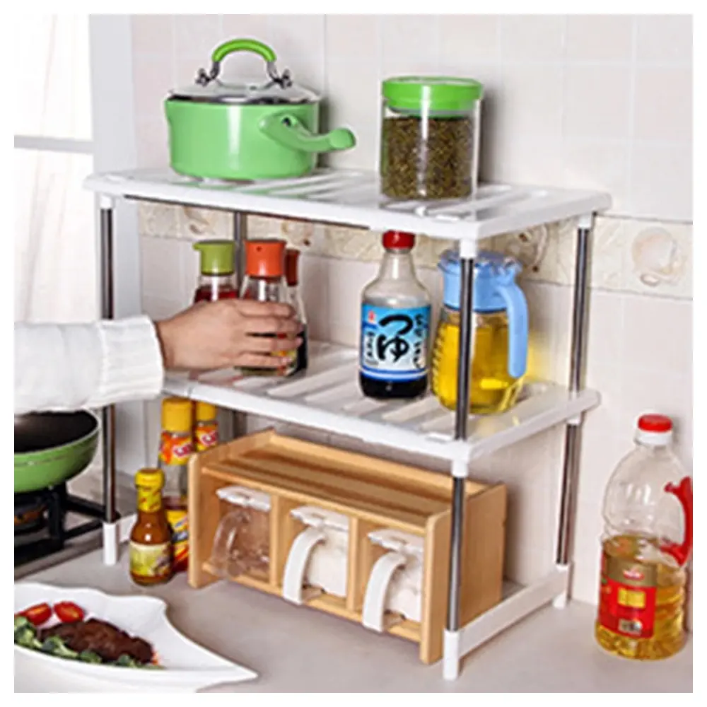 GulfDealz 2-Tier Kitchen Counter Storage Rack, Free-Standing White Shelf Organiser for Spices, Jars, Plates and Bathroom Essentials, Tool-Free Setup - Image 3