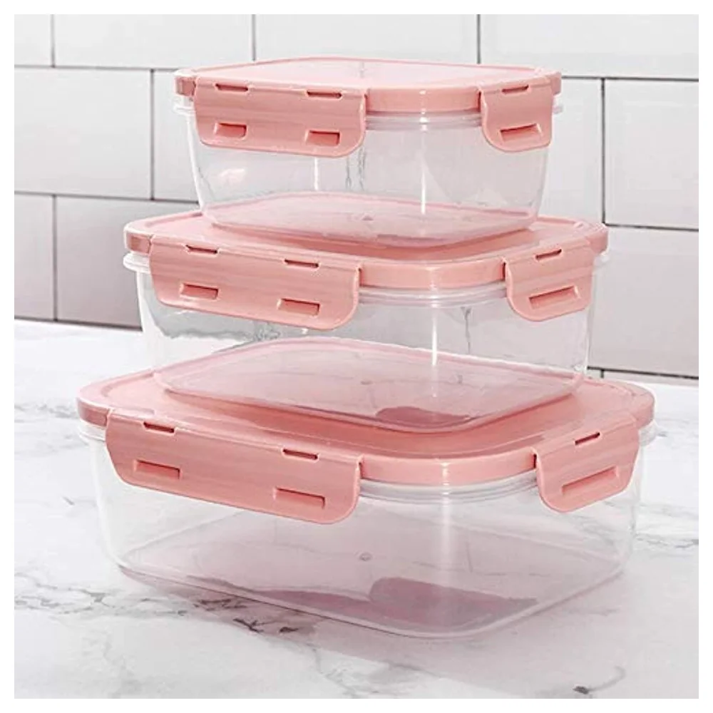 GulfDealz 3-Piece Clip-Lock Food Storage Container Set with Pink Lids, Stackable Clear Polypropylene Boxes in 3 Sizes for Fridge, Freezer and Pantry