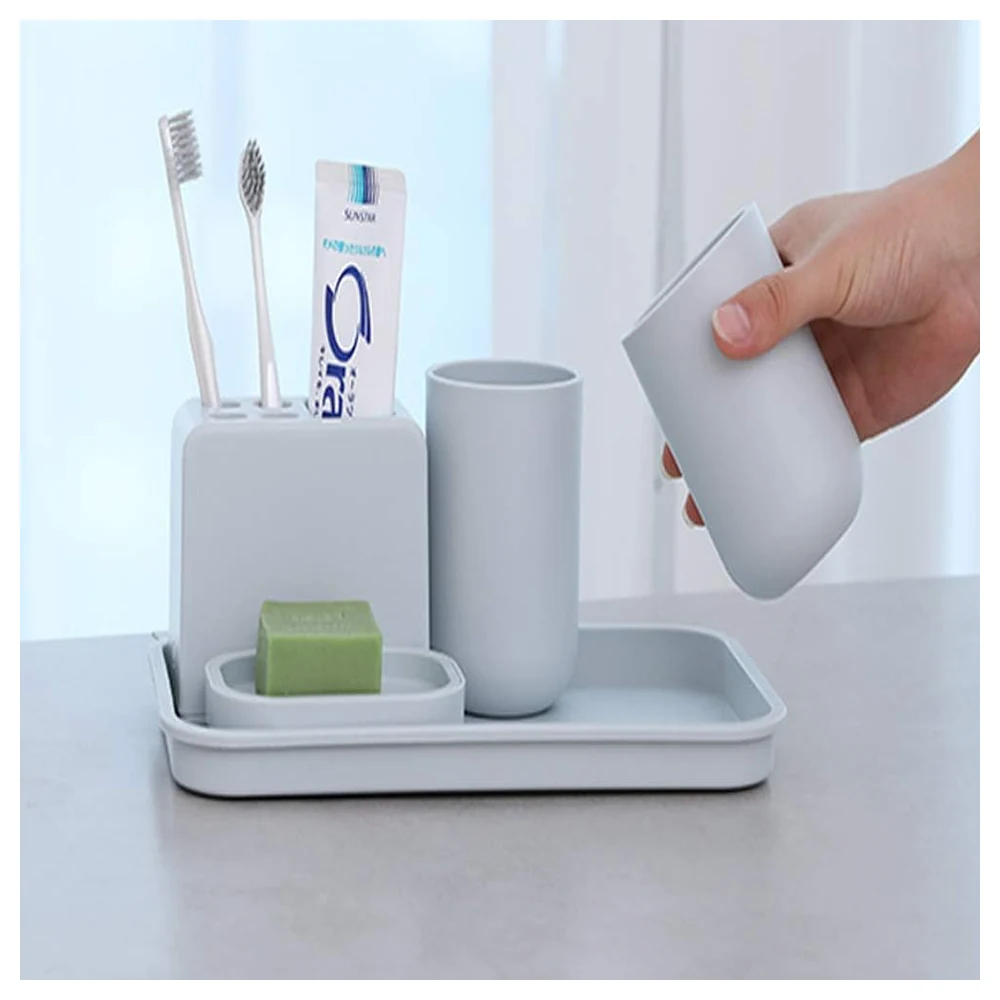 GulfDealz 5 Piece Bathroom Accessory Set with Toothbrush Holder, 2 Tumblers, Soap Dish and Tray, Modern Countertop Organiser, White