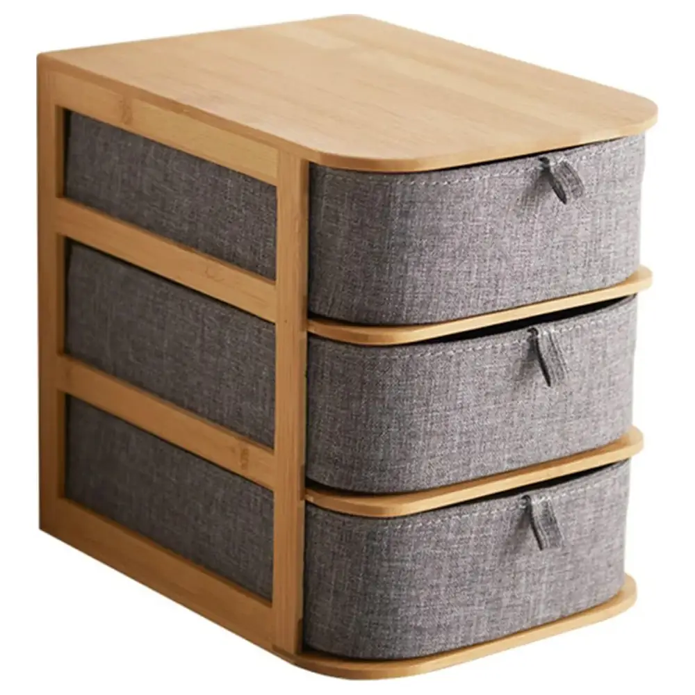 GulfDealz Bamboo 3 Drawer Desktop Storage Box with Grey Fabric Drawers, Cosmetic, Jewellery and Office Organiser