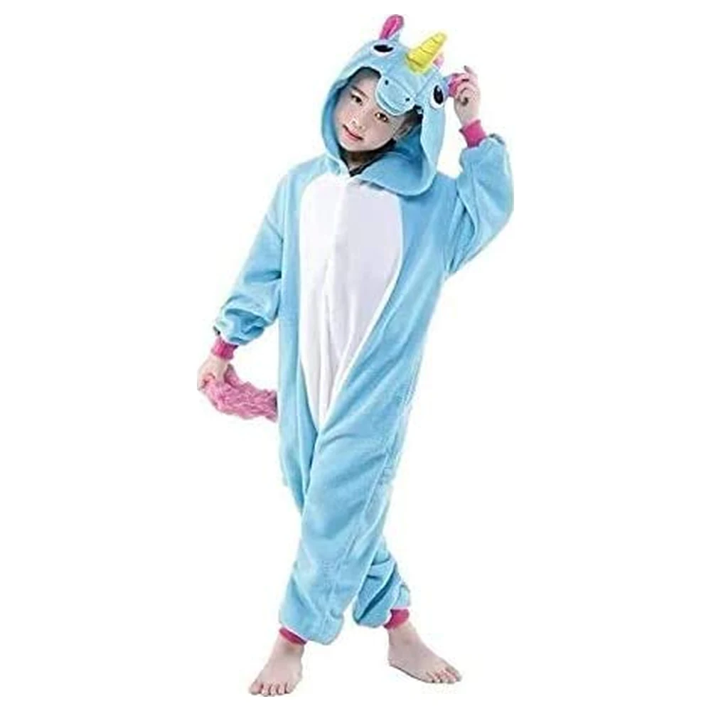 GulfDealz Blue Unicorn Hooded Onesie Costume, Plush One-Piece Cosplay Pajamas with Long Sleeves, Horn, Mane and Tail - Image 3