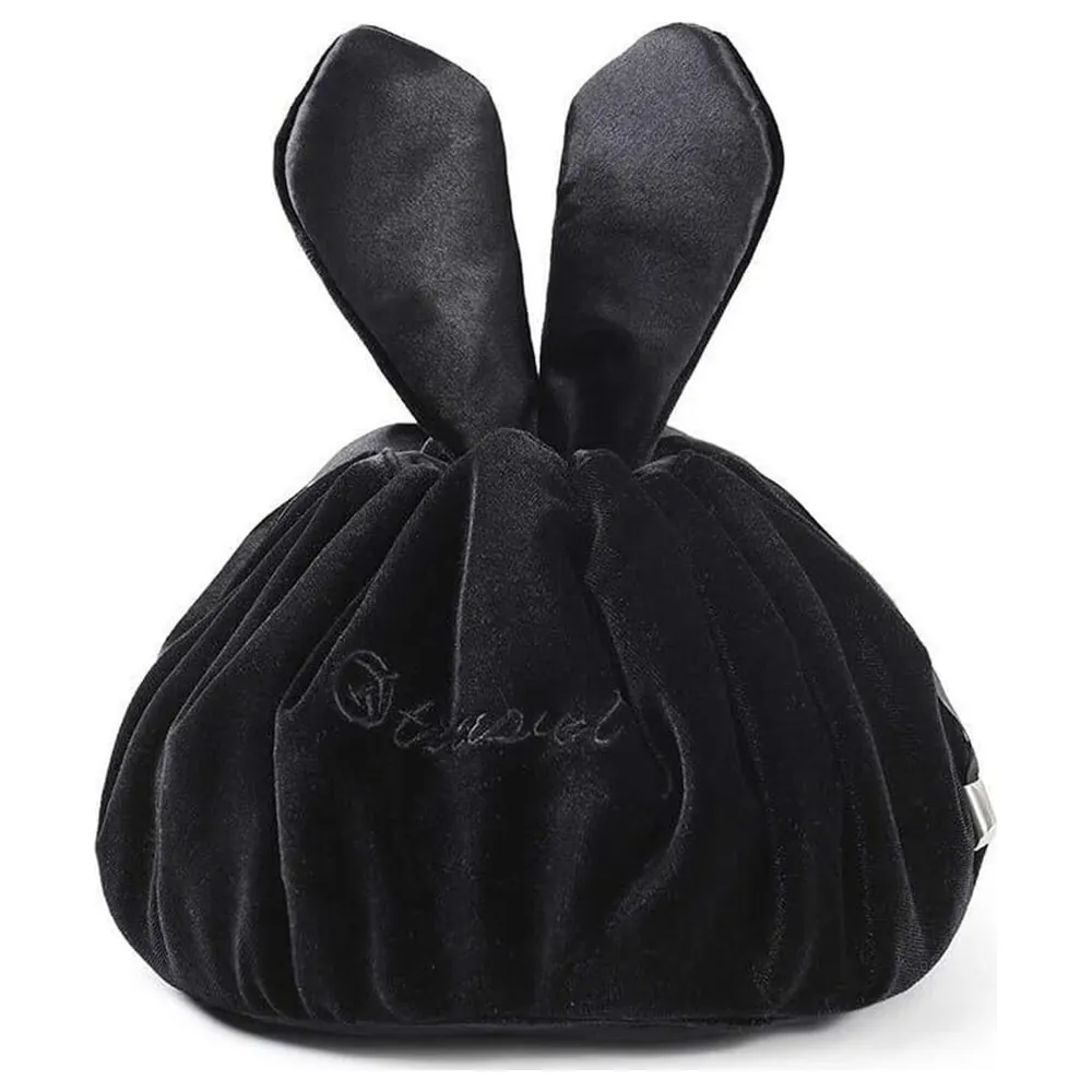 GulfDealz Velvet Rabbit Ears Drawstring Cosmetic Bag with Open-Flat Design and 2 Zip Pockets, Travel Makeup and Toiletry Pouch, Black