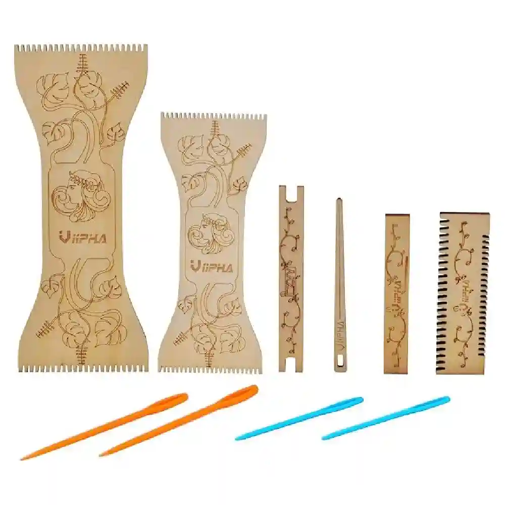 GulfDealz Wooden Bracelet Loom Set of 2 - Laser-Engraved Birch Mini Tapestry Looms 8 x 3 in and 10 x 4 in with Needles, Comb and Shuttle