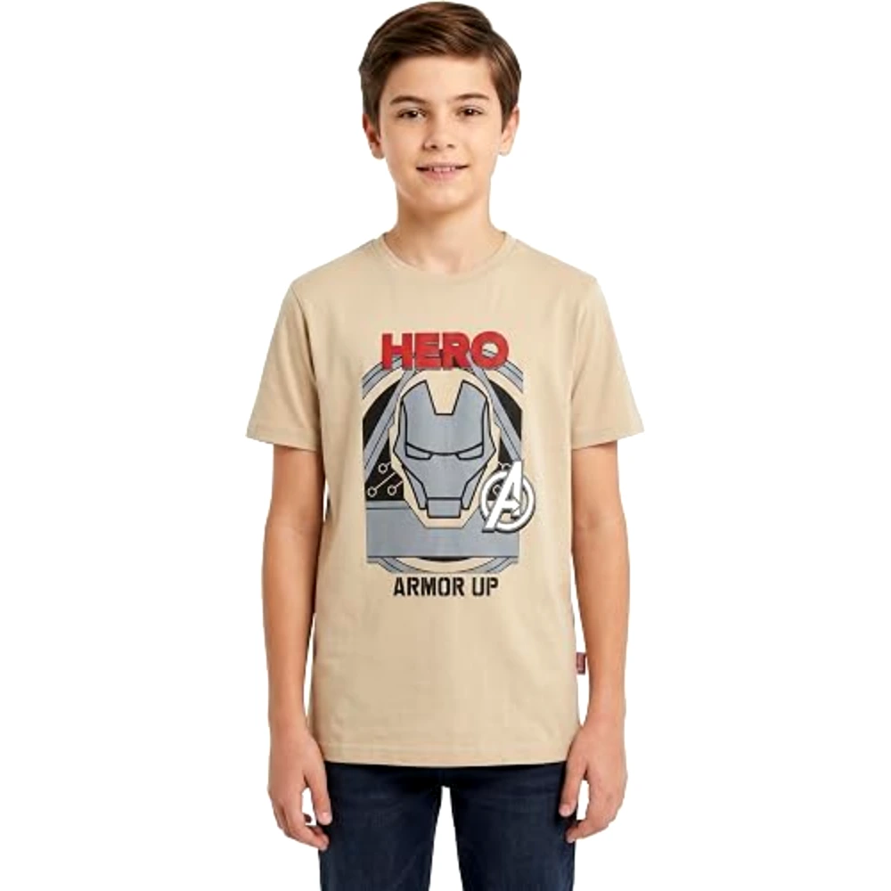 Marvel Iron Man Hero Armor Up Teen Boys Oversized Drop Shoulder T-Shirt, 100 Percent Cotton, Crew Neck Short Sleeve, 8-9 Years, Light Beige - TU26223-8-9