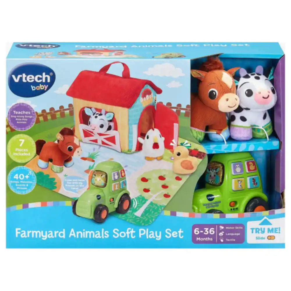 VTech Baby Farmyard Animals Soft Play Set with Electronic Tractor, 4 Plush Animals, Farm Play Mat and Barn, 40+ Songs and Sounds - VT80-574603 - Image 2