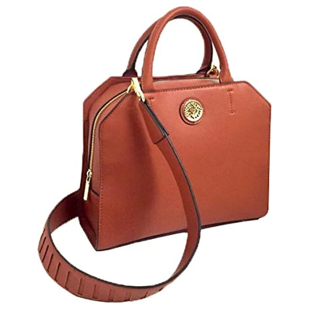 Anne Klein Women Satchel Handbag with All-Round Top Zip, Removable Crossbody Strap and Lion Head Medallion, Faux Leather, Cinnamon Brown
