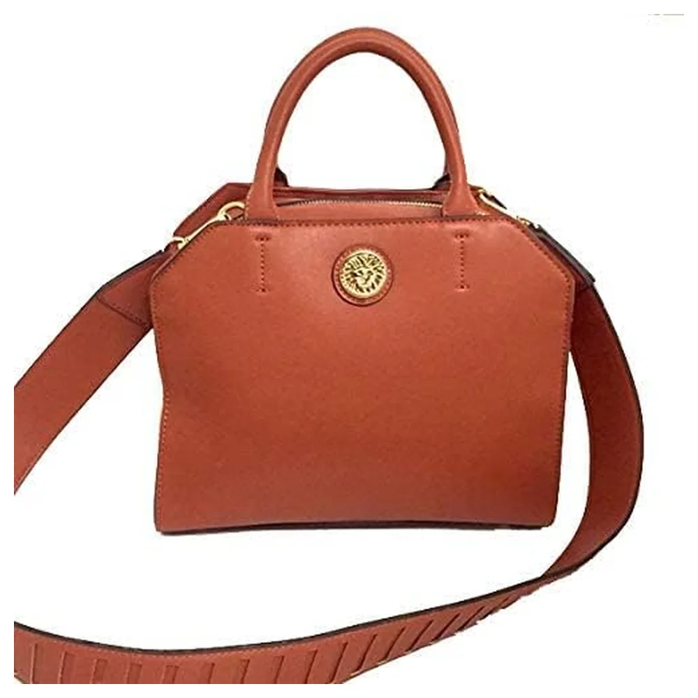 Anne Klein Women Satchel Handbag with All-Round Top Zip, Removable Crossbody Strap and Lion Head Medallion, Faux Leather, Cinnamon Brown - Image 2