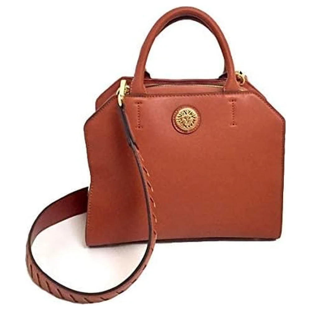 Anne Klein Women Satchel Handbag with All-Round Top Zip, Removable Crossbody Strap and Lion Head Medallion, Faux Leather, Cinnamon Brown - Image 3