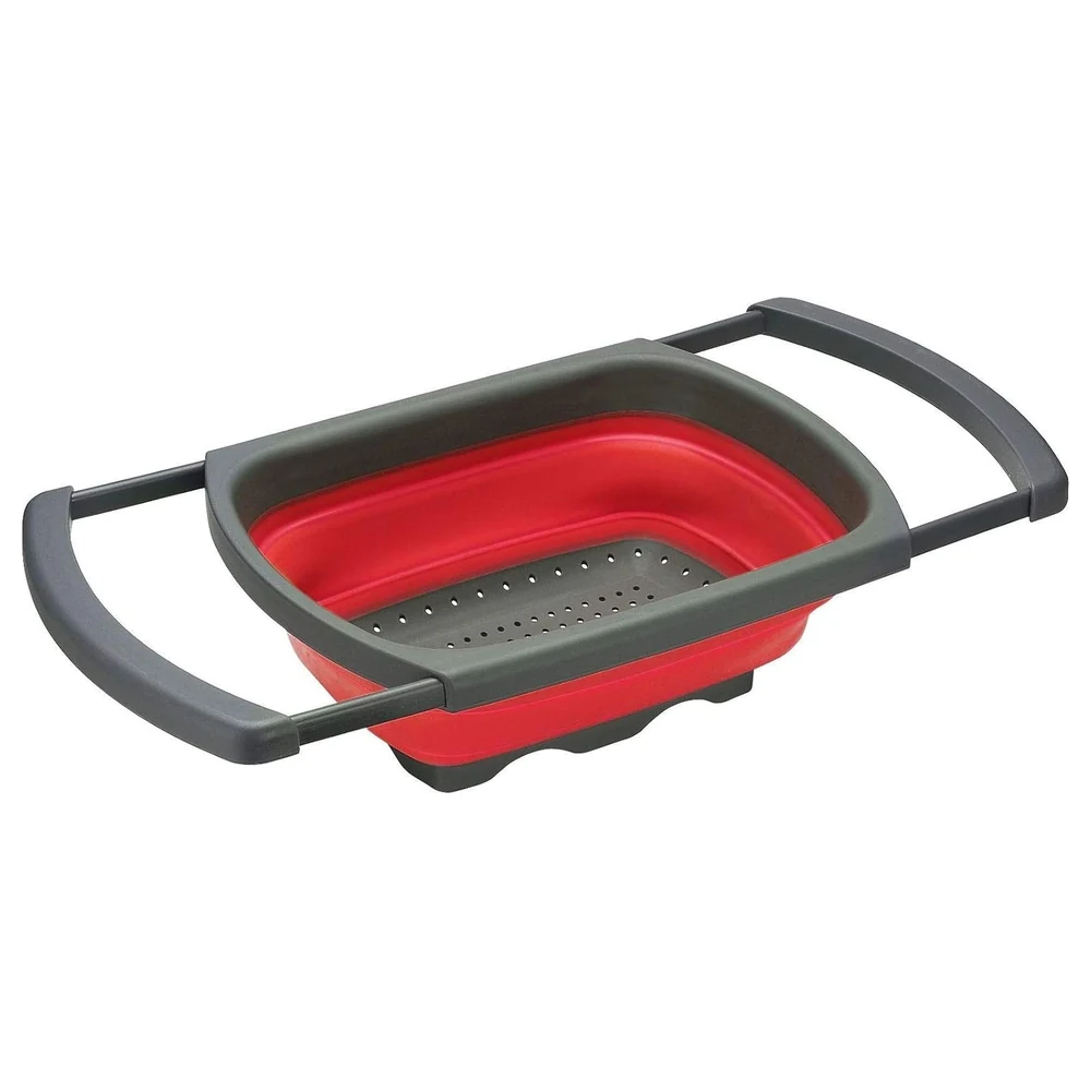 Collapsible Silicone Over-the-Sink Colander with Extendable Handles, Foldable Kitchen Strainer Basket, Dishwasher Safe, Red