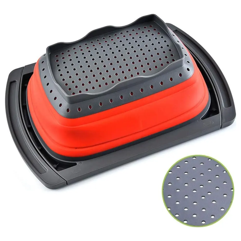 Collapsible Silicone Over-the-Sink Colander with Extendable Handles, Foldable Kitchen Strainer Basket, Dishwasher Safe, Red - Image 2
