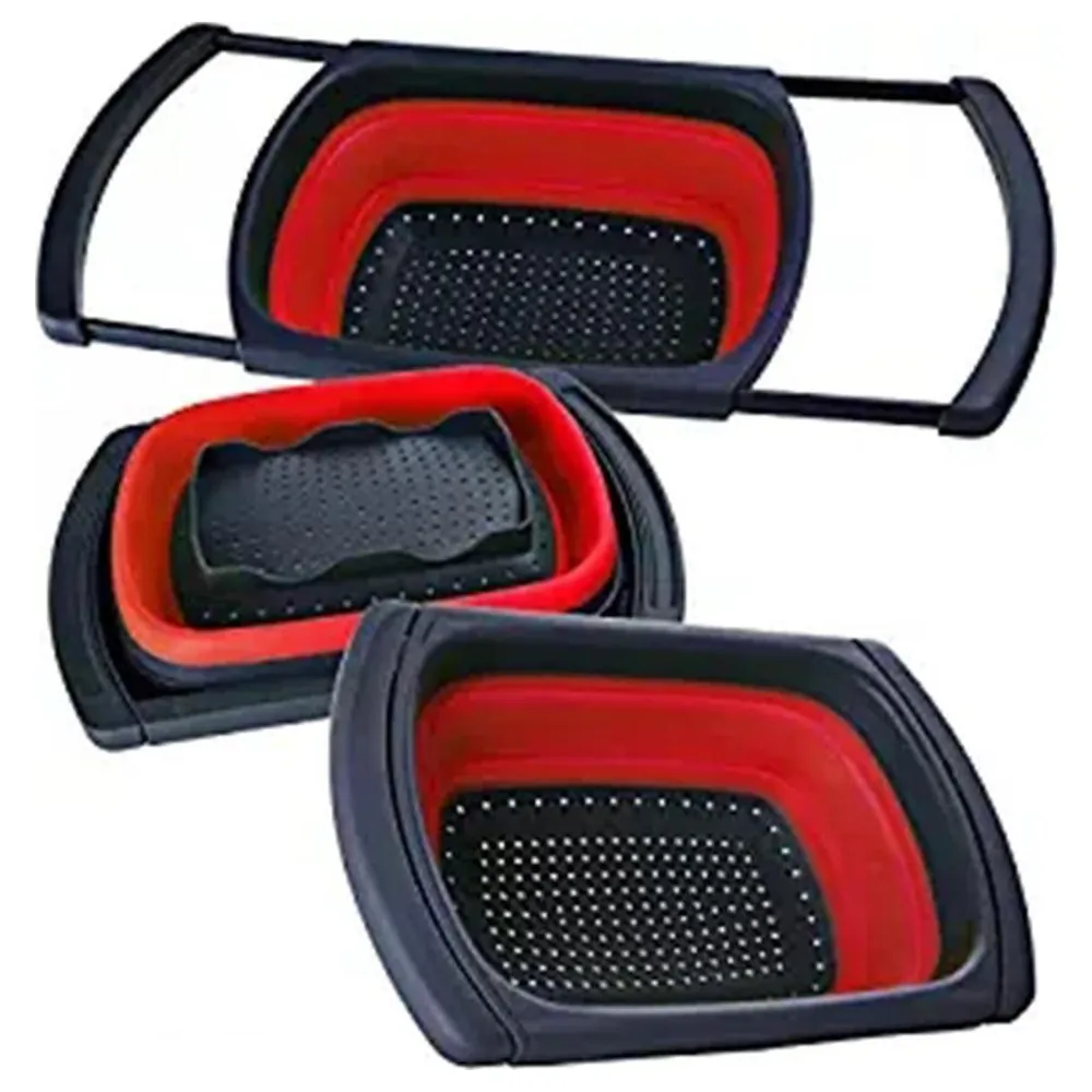 Collapsible Silicone Over-the-Sink Colander with Extendable Handles, Foldable Kitchen Strainer Basket, Dishwasher Safe, Red - Image 4