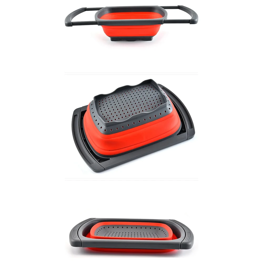 Collapsible Silicone Over-the-Sink Colander with Extendable Handles, Foldable Kitchen Strainer Basket, Dishwasher Safe, Red - Image 6
