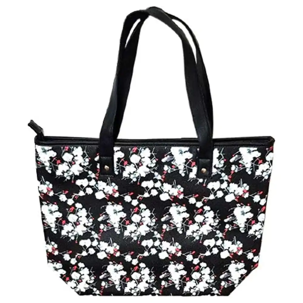 Corinne Floral Print Tote Bag for Women, PVC Leather Shoulder Bag with Zip Top and Extra-Wide Opening, Black Multicolour
