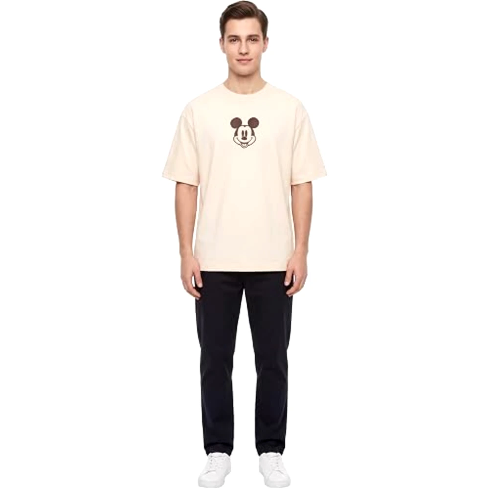 Disney Mickey Mouse Embroidered Men Drop Shoulder T-Shirt, 100 Percent Cotton, Crew Neck Short Sleeve, Relaxed Fit, Casual Wear, Size L, Off White - TU25212 - L - Image 5