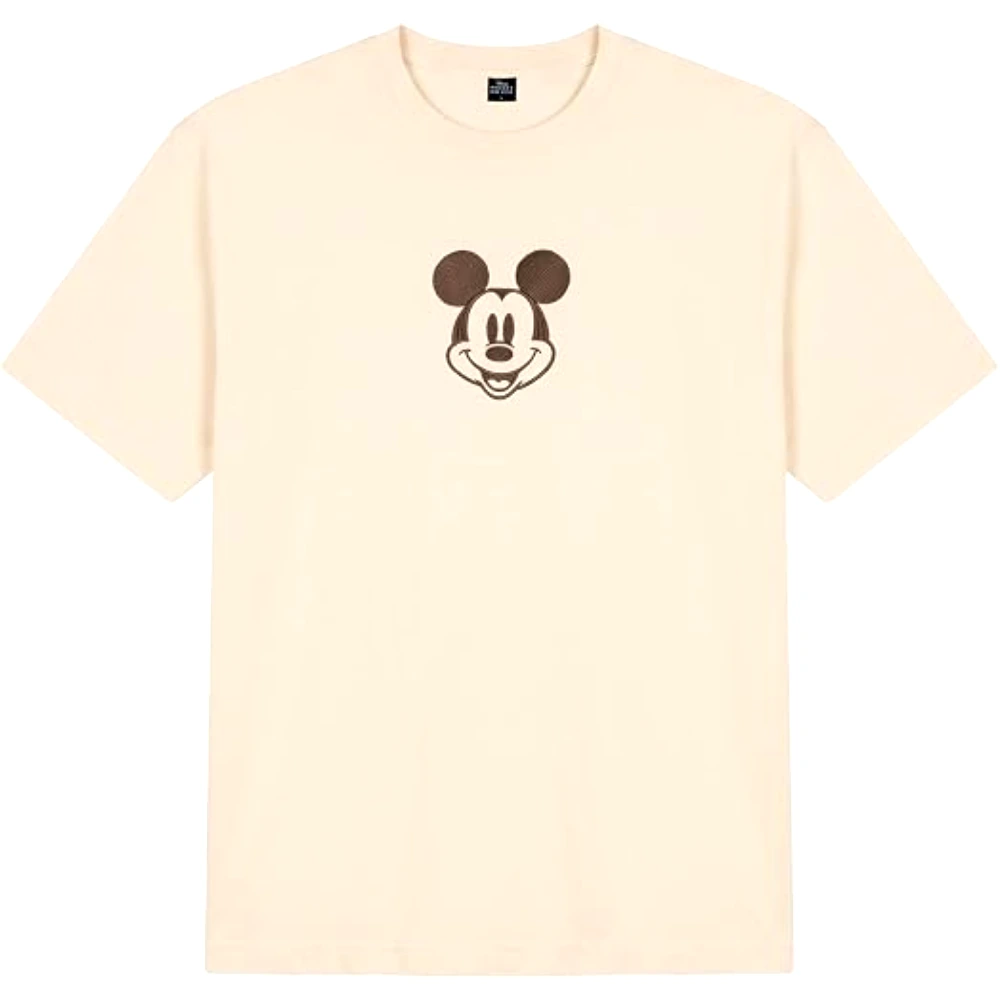 Disney Mickey Mouse Embroidered Men Drop Shoulder T-Shirt, 100 Percent Cotton, Crew Neck Short Sleeve, Relaxed Fit, Casual Wear, Size M, Off White - TU25212 - M