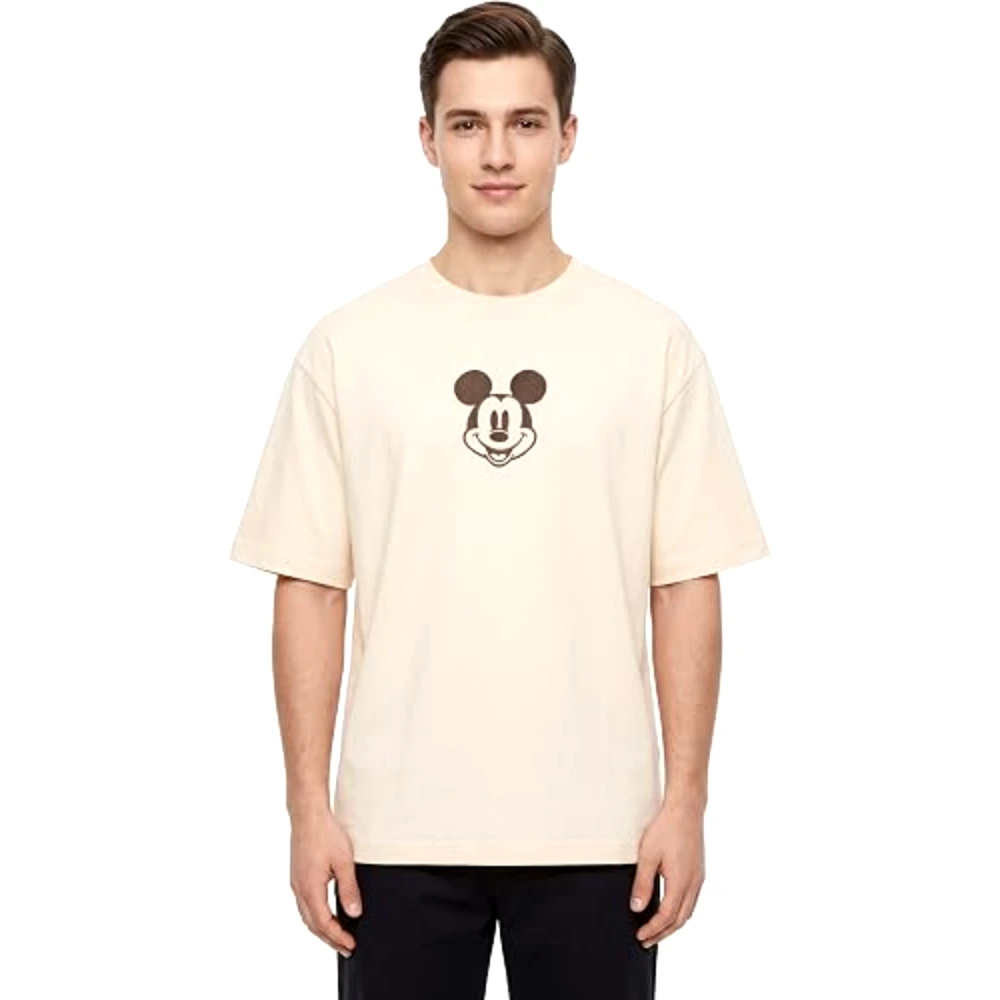 Disney Mickey Mouse Embroidered Men Drop Shoulder T-Shirt, 100 Percent Cotton, Crew Neck Short Sleeve, Relaxed Fit, Casual Wear, Size XL, Off White - TU25212 - XL - Image 3