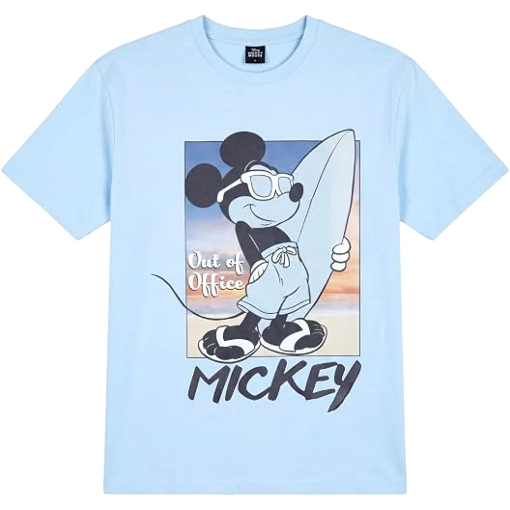 Disney Mickey Mouse Out of Office Men Drop Shoulder T-Shirt, 100 Percent Cotton, Crew Neck Short Sleeve, Relaxed Fit, Casual Wear, Size M, Sky Blue - TU25213 - M