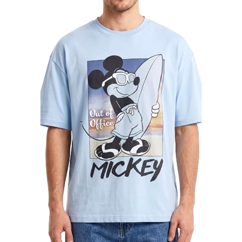 Disney Mickey Mouse Out of Office Men Drop Shoulder T-Shirt, 100 Percent Cotton, Crew Neck Short Sleeve, Relaxed Fit, Casual Wear, Size M, Sky Blue - TU25213 - M - Image 2