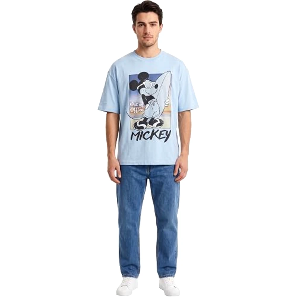 Disney Mickey Mouse Out of Office Men Drop Shoulder T-Shirt, 100 Percent Cotton, Crew Neck Short Sleeve, Relaxed Fit, Casual Wear, Size S, Sky Blue - TU25213 - S - Image 5