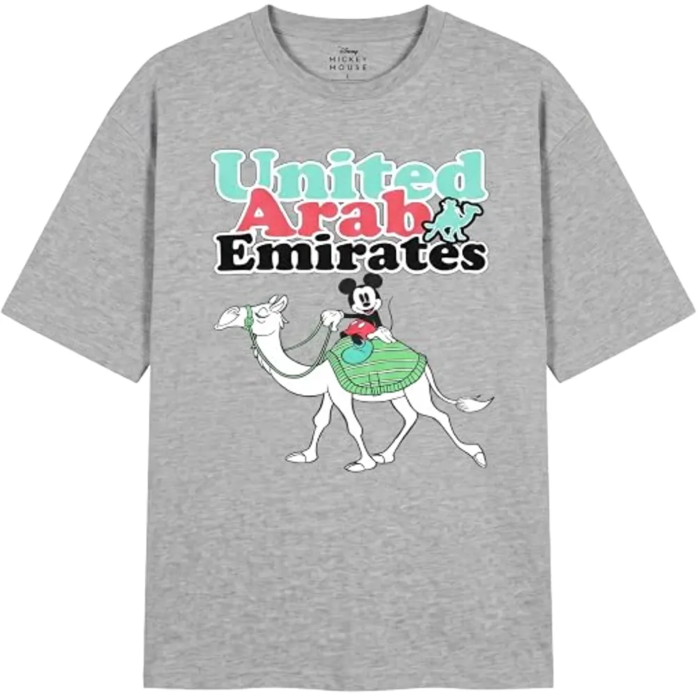 Disney Mickey Mouse UAE Camel Men Drop Shoulder T-Shirt, 100 Percent Cotton, Crew Neck Short Sleeve, Relaxed Fit, Casual Wear, Size XL, Grey - TU25231 - XL