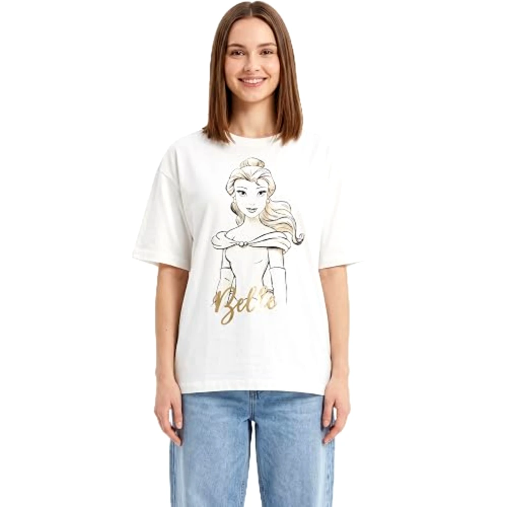Disney Princess Belle Beauty and the Beast Women Drop Shoulder T-Shirt, 100 Percent Cotton, Crew Neck Short Sleeve, Oversized Fit, Size L, White - TU25112 - L - Image 3