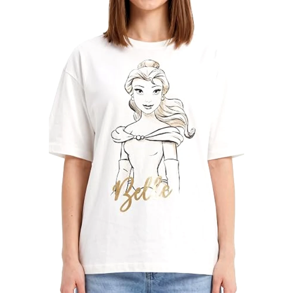 Disney Princess Belle Beauty and the Beast Women Drop Shoulder T-Shirt, 100 Percent Cotton, Crew Neck Short Sleeve, Oversized Fit, Size M, White - TU25112 - M - Image 2