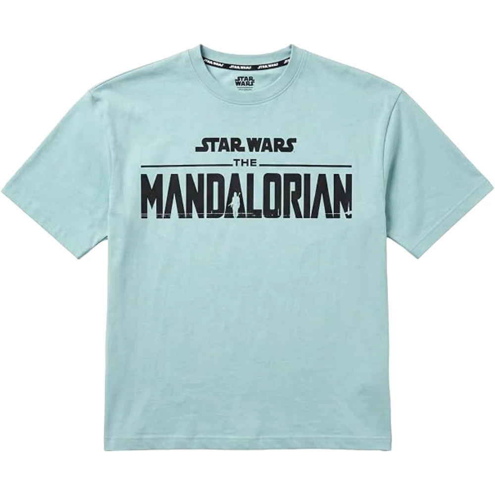 Disney Star Wars The Mandalorian Back Print Men Drop Shoulder T-Shirt, 100 Percent Cotton, Crew Neck Short Sleeve, Relaxed Fit, Casual Wear, Size M, Light Aqua Blue - TU25210 - M