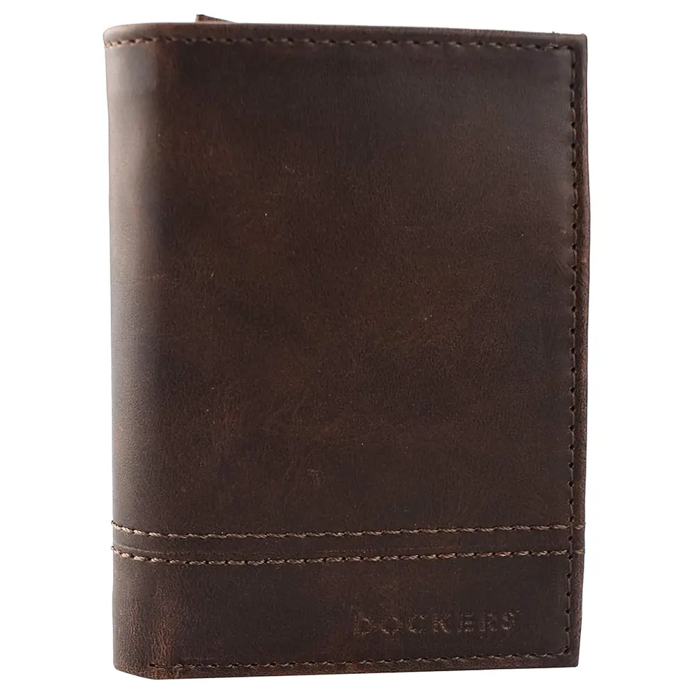 Dockers Men's Extra Capacity Trifold Wallet, Brown Leather with ID Window, Multiple Card Slots and Contrast Stitching, Gift Box