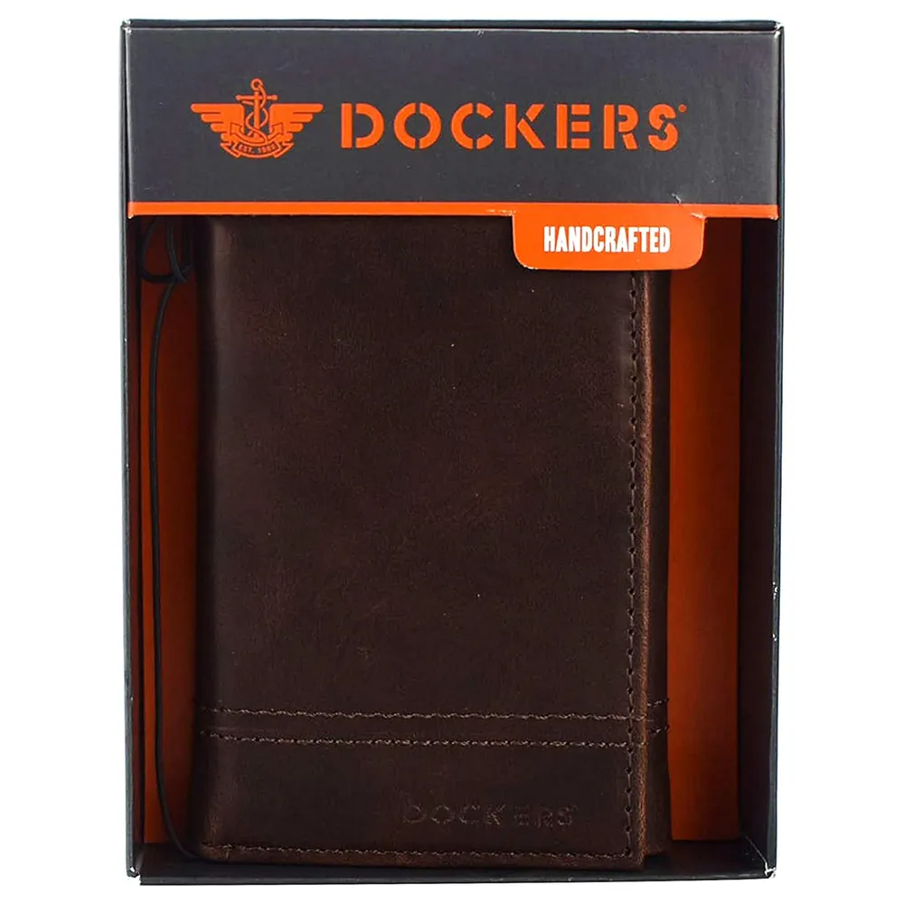 Dockers Men's Extra Capacity Trifold Wallet, Brown Leather with ID Window, Multiple Card Slots and Contrast Stitching, Gift Box - Image 4