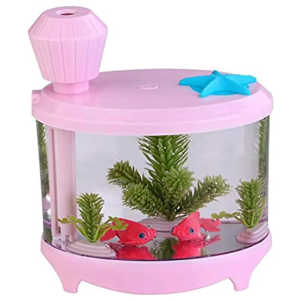 Fish Tank Ultrasonic Humidifier and Aroma Diffuser with LED Night Light, Touch Control, Decorative Aquarium Design, Pink