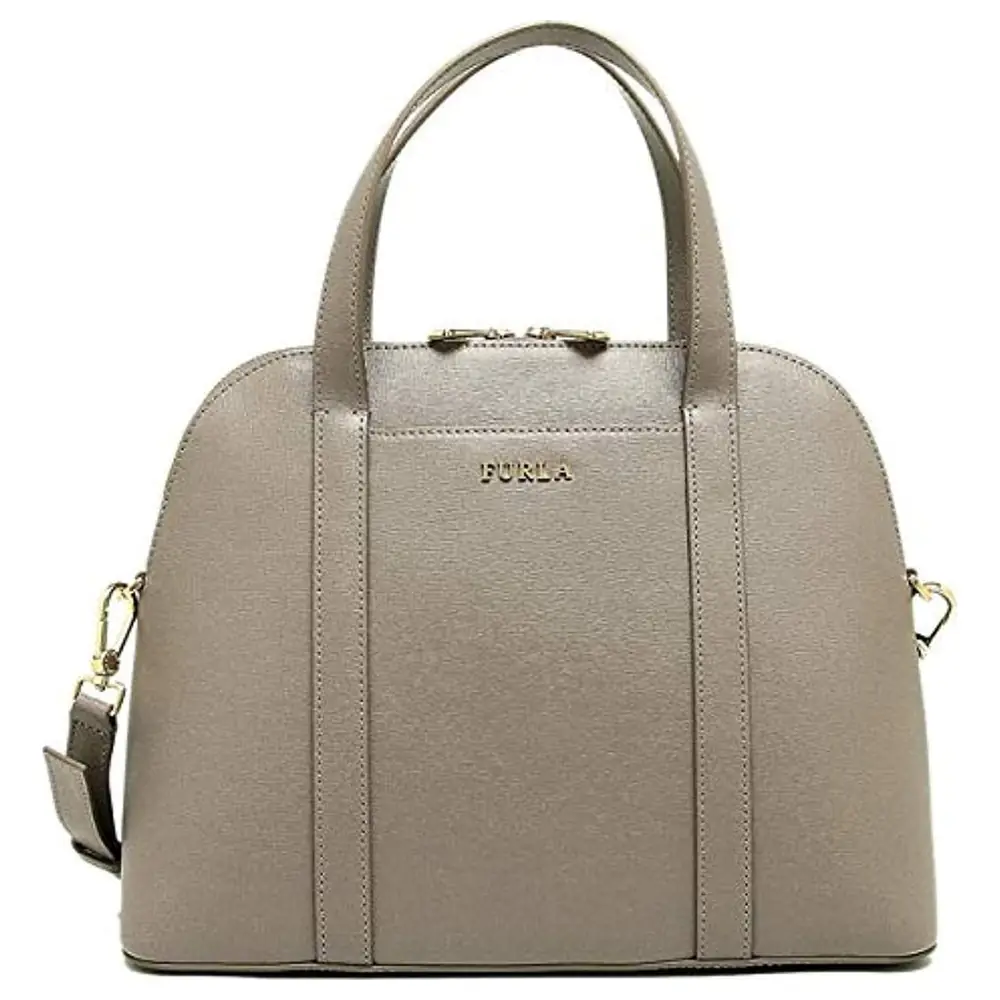Furla Women Leather Dome Shoulder Handbag in Sabbia, Twin Top Handles with Adjustable Shoulder Strap, Zip Closure and Gold-Tone Hardware