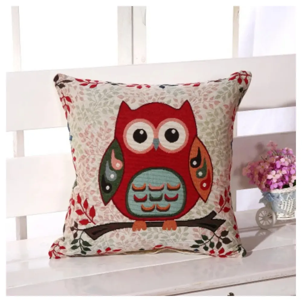 GulfDealz Cute Owl Square Cushion Cover, 45 cm Decorative Throw Pillow Case with Owl on Branch Design for Sofa, Living Room and Bedroom, Multicolour