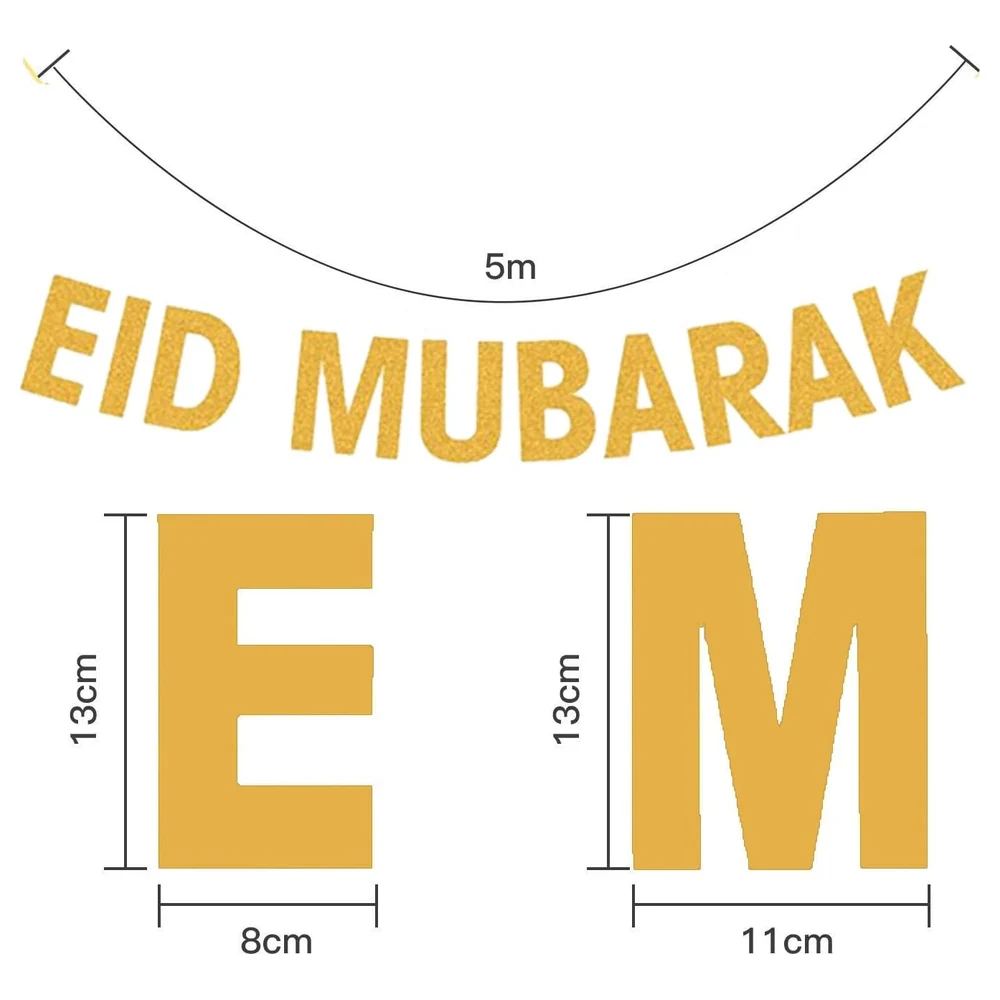 GulfDealz Eid Mubarak Gold Glitter Letter Banner, 5 m Hanging Paper Garland with 13 cm Letters, Ramadan and Eid Party Decoration