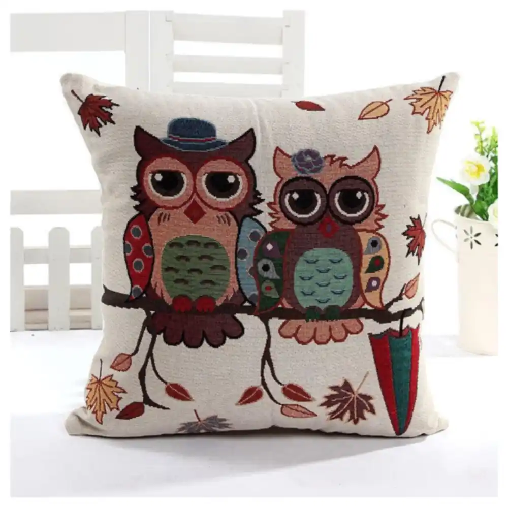 GulfDealz Embroidered Owl Cushion Cover 45 x 45 cm, Cute Cartoon Owls on Branch Cotton Throw Pillow Case with Hidden Zip for Sofa and Bedroom - Image 5